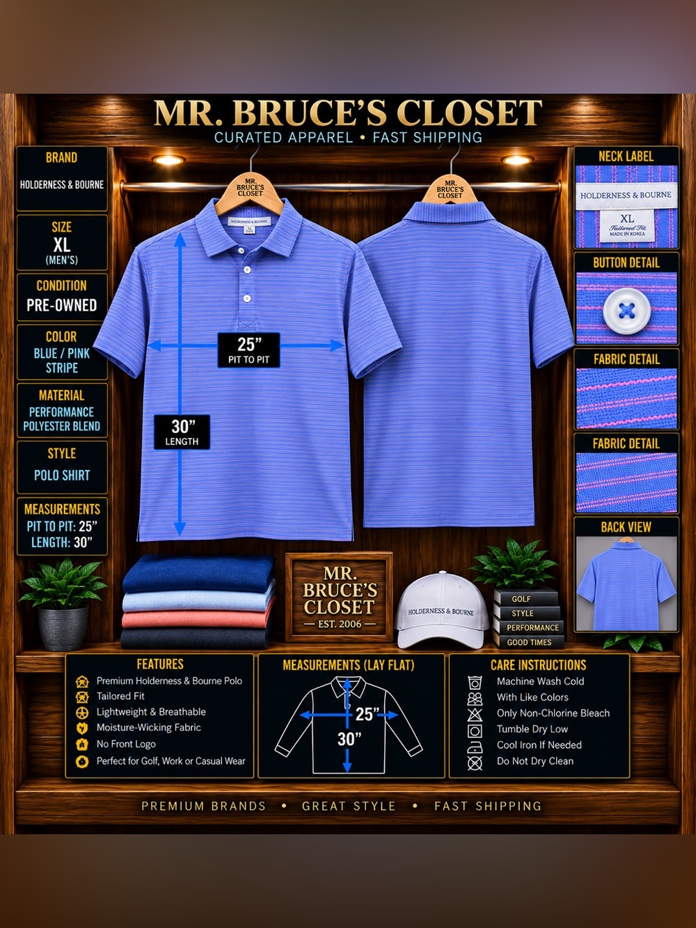 Holdenress & Bourne Blue Stripe Performance Polo - XL